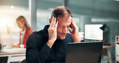 Buy stock photo Stress, headache and businessman with laptop in office, burnout or contemplating financial decision. Business, mistake and mature person with migraine, thinking and paraplanner with deadline pressure