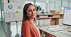 Portrait, woman and smile at call centre with computer, script and customer service for finance. Happy, advisor and consultant in office with pc, billing inquiry and account balance for financial crm