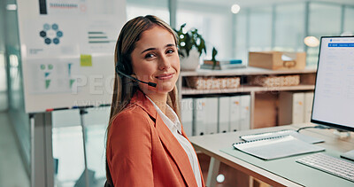 Buy stock photo Portrait, woman and smile at call centre with computer, script and customer service for finance. Happy, advisor and consultant in office with pc, billing inquiry and account balance for financial crm