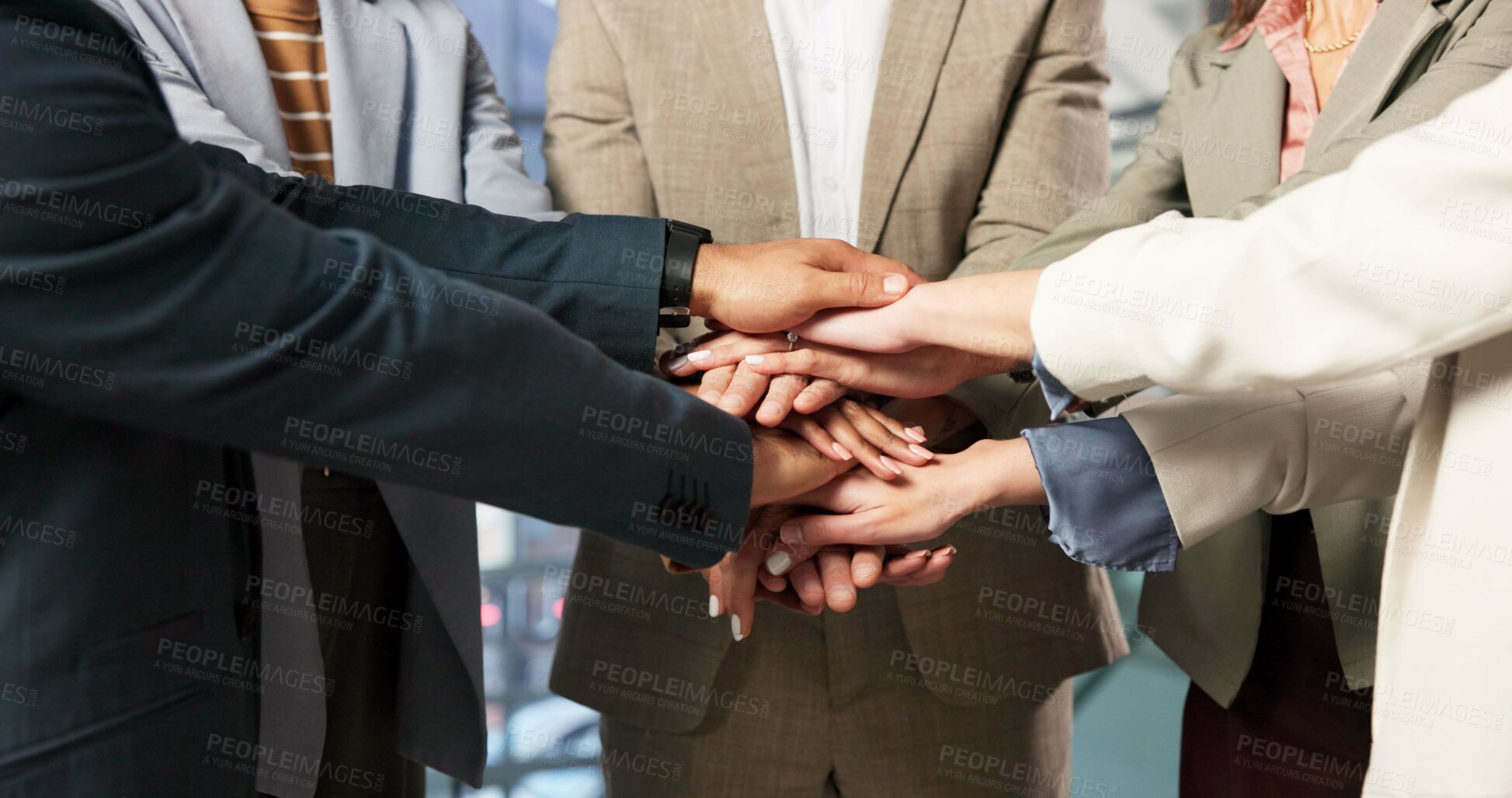 Buy stock photo Meeting, business and people with hands together for unity, collaboration or company mission. Employees, development piling with stack, group or trust for teamwork, solidarity or support in workplace