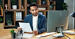 Man, paperwork and computer in office for finance, invoice comparison or information for business. Accountant, tech and document in agency for financial statement, reading or investment policy update