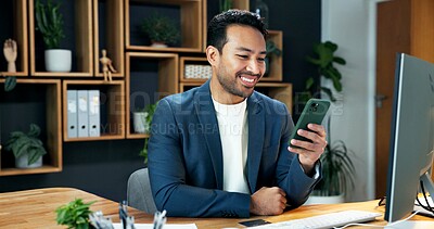 Buy stock photo Man, phone and smile in office for email, online banking and download app for personal finance. Trader, mobile and happy at computer for business management, investment opportunity and stock purchase