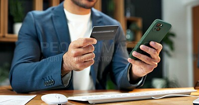 Buy stock photo Man, phone and hands with credit card for business, online banking and app for company finance. Trader, mobile and debit in office for account management, investment opportunity and stock purchase