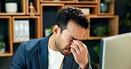 Businessman, migraine and computer in office with pain, overworked and accountant in slump. Employee, finance and headache at tech with pressure, fatigue and strain with work stress for audit mistake