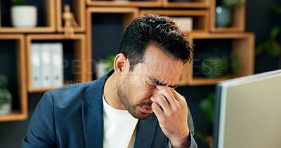 Buy stock photo Businessman, migraine and computer in office with pain, overworked and accountant in slump. Employee, finance and headache at tech with pressure, fatigue and strain with work stress for audit mistake