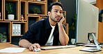 Man, bored and computer in agency with reading, slow internet connection and download delay for news. Editor, tech and tired in office with networking error, article research and creative block