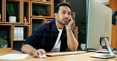 Buy stock photo Man, bored and computer in agency with reading, slow internet connection and download delay for news. Editor, tech and tired in office with networking error, article research and creative block