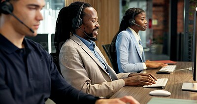 Buy stock photo Call center, smile and people with headset in office, consultation or lead generation with computer. Telemarketing, agent and colleagues with tech, coworking and happy for communication with mic