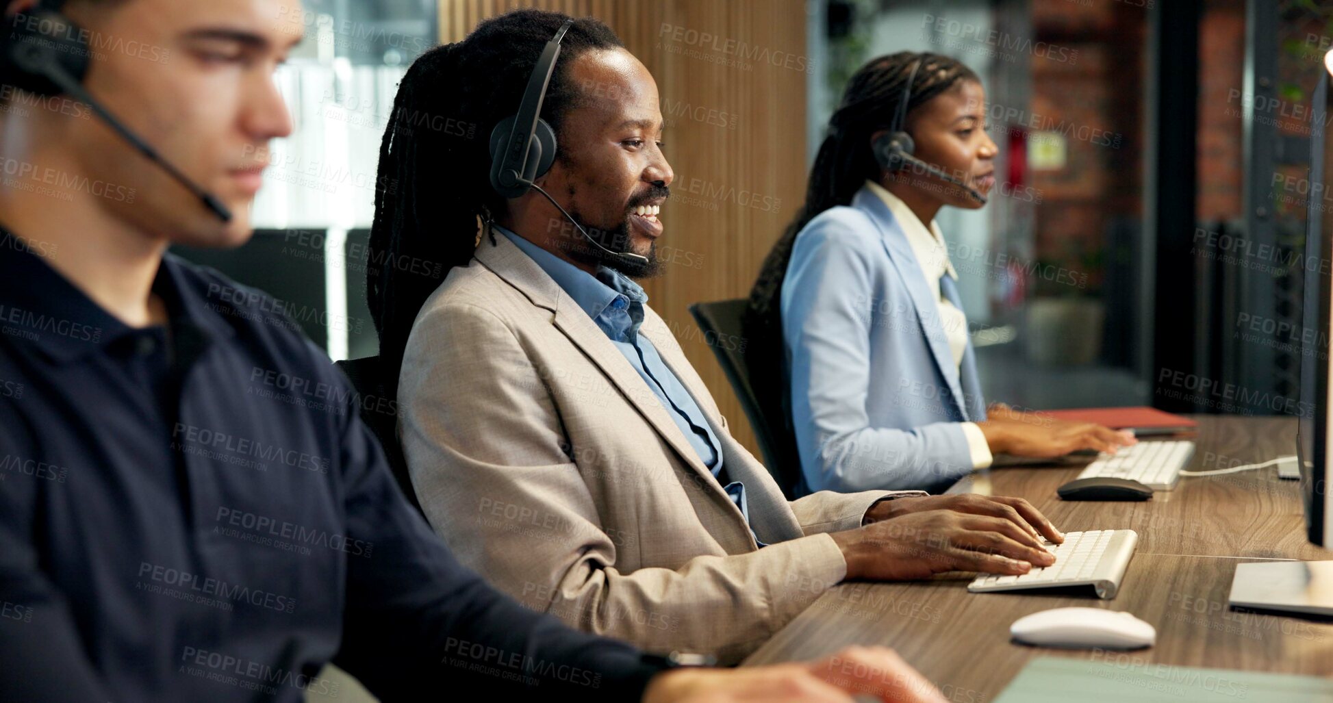 Buy stock photo Call center, smile and people with headset in office, consultation or lead generation with computer. Telemarketing, agent and colleagues with tech, coworking and happy for communication with mic