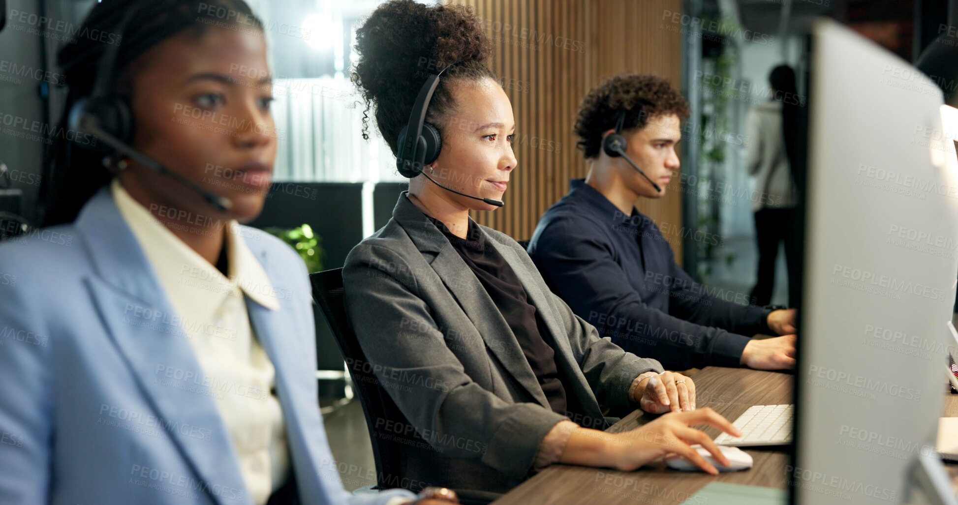 Buy stock photo Telemarketing, team and people with headset in office, listening and lead generation with computer. Call center, agent and colleagues with technology, coworking and happy for consultation with mic