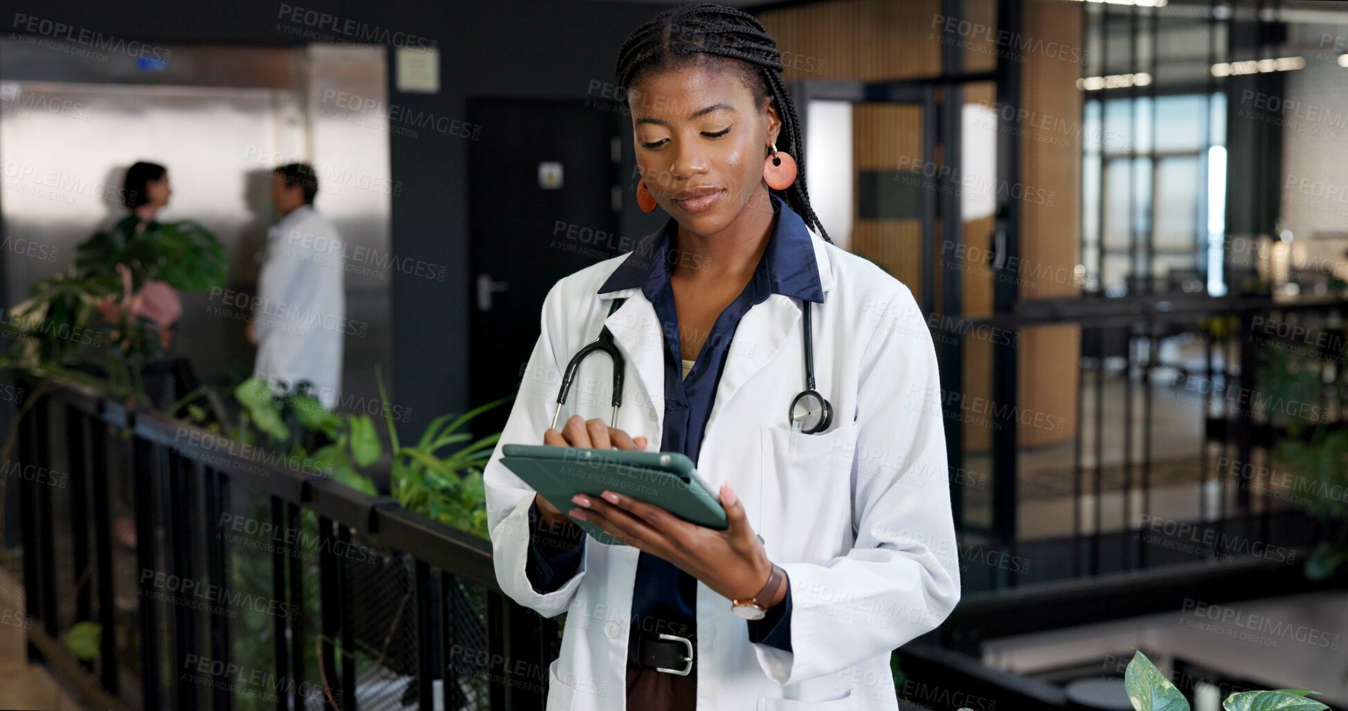 Buy stock photo Woman, doctor and reading at hospital with tablet, research and blood test results for diagnosis. Female person, surgeon and review at clinic with tech, mri scan report and medical records for health