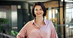 Business, woman and realtor in office with smile, housing consultant and about us for real estate. Portrait, mature person and happy at firm for career pride, project management and property auction