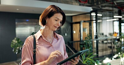 Buy stock photo Woman, business and research with tablet in office for social media, news update or information. Female person, journalist or reporter with technology for online story, ebook or article in workplace