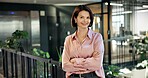 Portrait, business or happy woman with confidence in office for real estate or corporate lease. Female person, realtor or asset advisor with smile or arms crossed in workplace for property investment