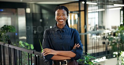 Buy stock photo Business, confidence or black woman with plants in office for eco friendly startup or project. Portrait, female person or environment campaign manager with smile or arms crossed for economic growth