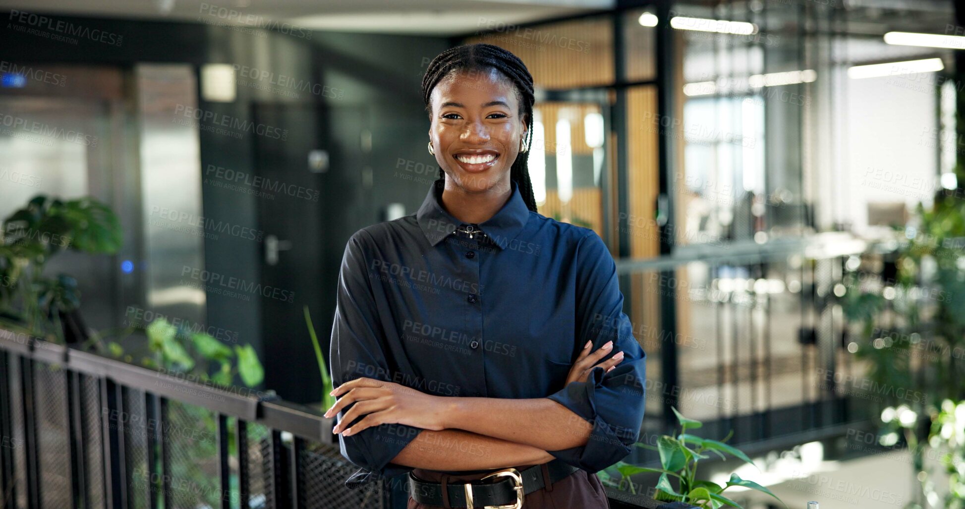 Buy stock photo Business, confidence or black woman with plants in office for eco friendly startup or project. Portrait, female person or environment campaign manager with smile or arms crossed for economic growth