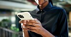 Typing, message and hands with phone in office, communication or project update on social media app. Texting, online and business person with mobile, networking and chatting with contact on website