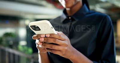 Buy stock photo Typing, message and hands with phone in office, communication or project update on social media app. Texting, online and business person with mobile, networking and chatting with contact on website