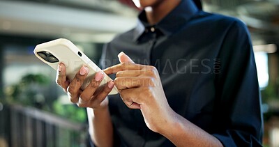 Buy stock photo Scroll, message and hands with phone in office, communication or project update on social media app. Texting, online and business person with mobile, networking and chatting with contact on website