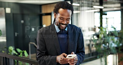 Buy stock photo Businessman, laughing and texting with phone in office, communication and project update on website. Typing, online and black person with smile for message, happy and network with contact on mobile