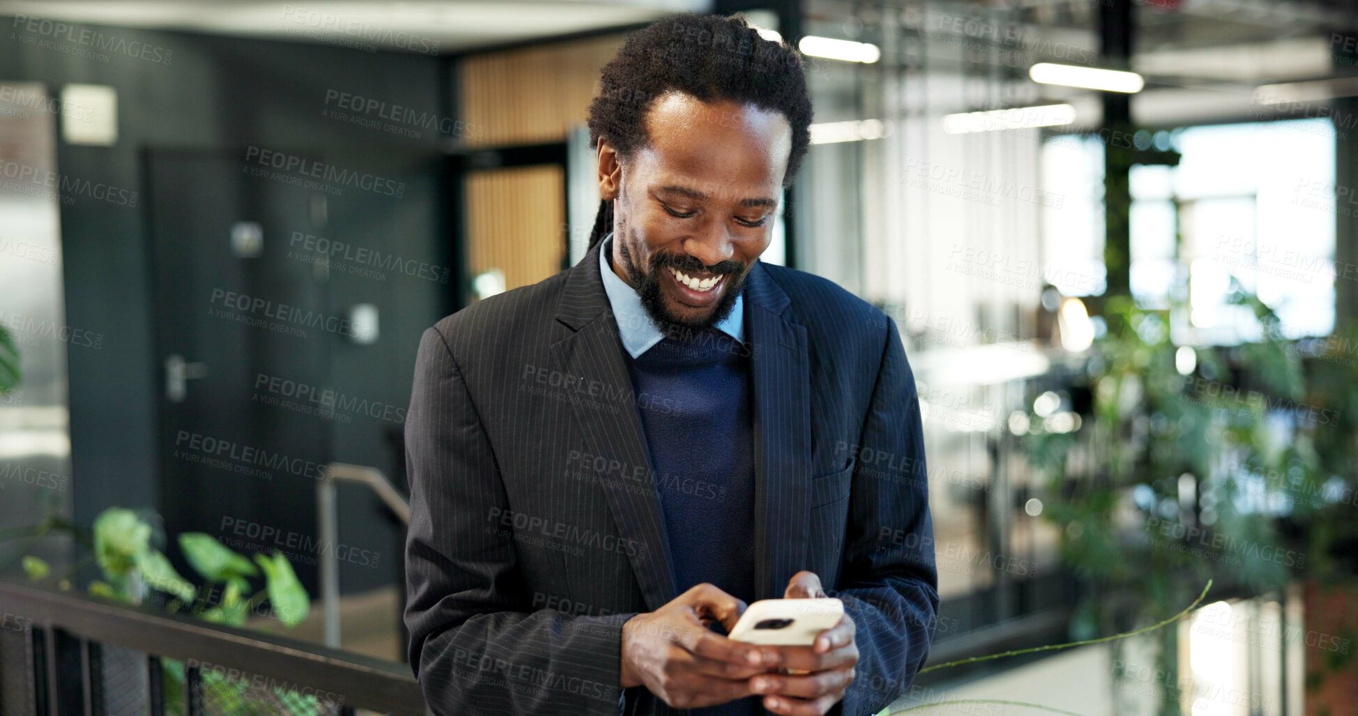 Buy stock photo Businessman, laughing and texting with phone in office, communication and project update on website. Typing, online and black person with smile for message, happy and network with contact on mobile
