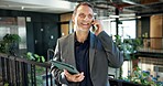 Business, man and tablet in office with phone call, interview witness and trial date of court case. Smile, mature lawyer or tech at law firm for online evidence, confidential statement and settlement