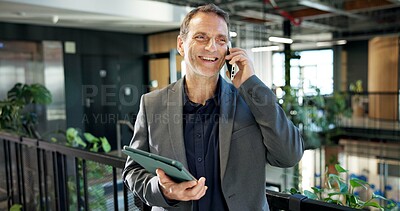 Buy stock photo Business, man and tablet in office with phone call, interview witness and trial date of court case. Smile, mature lawyer or tech at law firm for online evidence, confidential statement and settlement