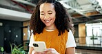 Creative, business or happy woman typing with phone for social media, communication or connection. Female person, employee or user with smile for online chatting, texting or mobile app in workplace