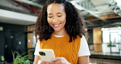 Buy stock photo Creative, business or happy woman typing with phone for social media, communication or connection. Female person, employee or user with smile for online chatting, texting or mobile app in workplace
