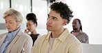 Audience, man and conference for business training, development and listen to upskill workshop. Male person, listening and group together for corporate event, meeting and presentation for staff