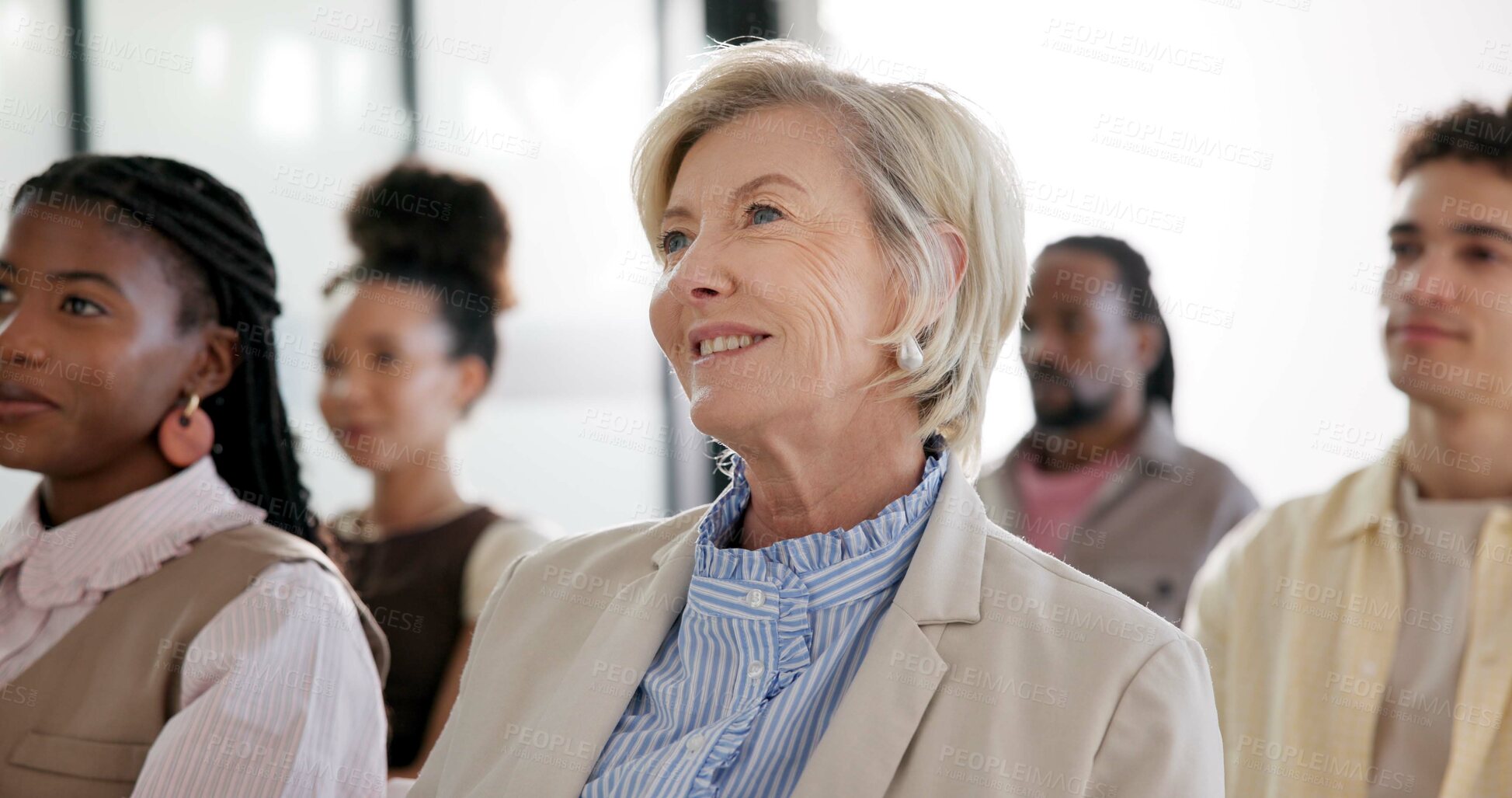 Buy stock photo Audience, woman and conference for business training, development and listen to upskill workshop. Mature person, smile and group together for corporate event, meeting and presentation for staff