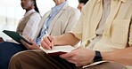 Man, hands and writing notes in seminar for business training, upskill workshop and learning. Employee, notebook and audience in conference for information, event and advice for career development