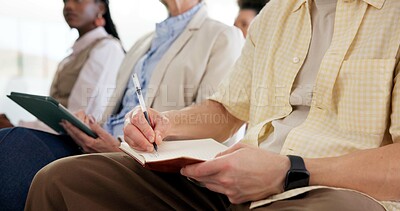 Buy stock photo Man, hands and writing notes in seminar for business training, upskill workshop and learning. Employee, notebook and audience in conference for information, event and advice for career development