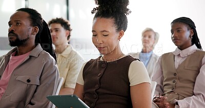 Buy stock photo Tablet, audience and woman at convention for training, digital notes and upskill in company workshop. Tech, seminar crowd and person reading for learning, career development and industry knowledge