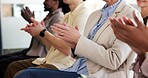 Audience, hands and applause in conference for business training, development and celebrate success. People, clap and group together for corporate event, meeting or presentation for staff achievement
