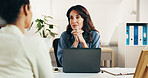 Business, woman or smile with laptop for meeting, performance review or employee assessment. Tech, mature manager or listen in office for progress feedback, goal setting or support in hr consultation