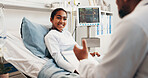 Happy, doctor and kid in hospital bed with checkup, good news and feedback for healing from disease. Medical worker, girl child and smile in clinic with wellness update, help and advice for recovery.
