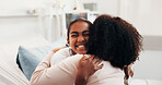 Happy, child and mom with hug in hospital bed for family visit, thankful greeting or gratitude. Daughter, patient or kid with smile or mother for embrace, healthcare or support together in clinic