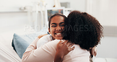 Buy stock photo Happy, child and mom with hug in hospital bed for family visit, thankful greeting or gratitude. Daughter, patient or kid with smile or mother for embrace, healthcare or support together in clinic
