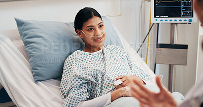 Buy stock photo Sick, woman and doctor in hospital bed with advice, breathing tube and feedback for asthma recovery. Healthcare worker, person and listen in medical clinic with lung disease update, help or treatment