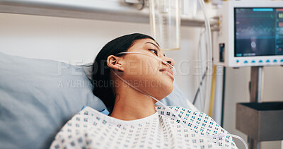 Buy stock photo Sick, woman and breathing tube in hospital bed with fatigue, asthma symptoms and respiratory disease. Tired, person and lung infection in medical clinic with virus, health condition and illness.