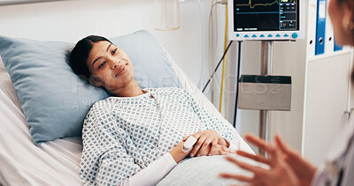 Buy stock photo Doctor, woman and listen in hospital bed with advice, update and communication for disease recovery. Healthcare worker, person and feedback in medical clinic with rehabilitation, help and treatment.