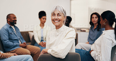 Buy stock photo Wellness, woman or happy in meeting for support group, self improvement or emotional wellbeing. Community center, member and portrait for social connection, healing circle and mutual aid in recovery
