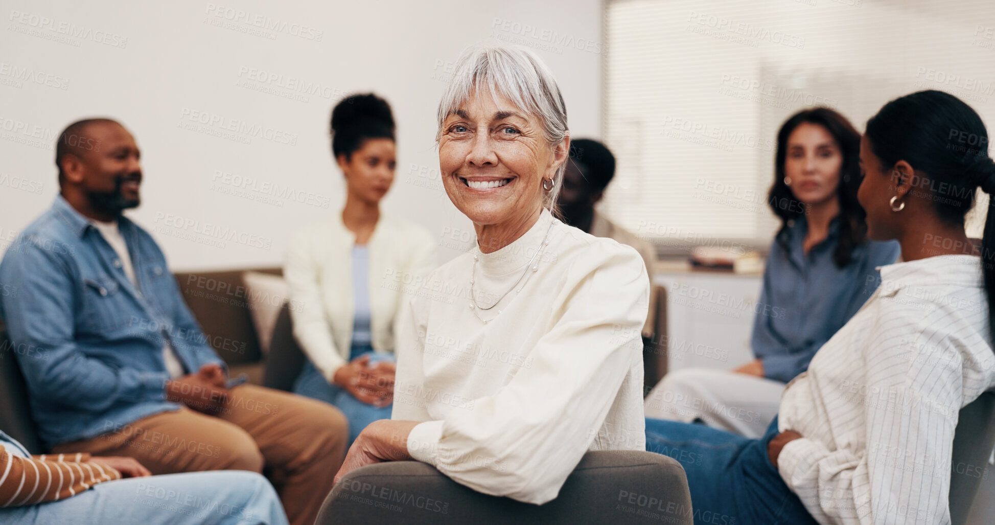 Buy stock photo Wellness, woman or happy in meeting for support group, self improvement or emotional wellbeing. Community center, member and portrait for social connection, healing circle and mutual aid in recovery
