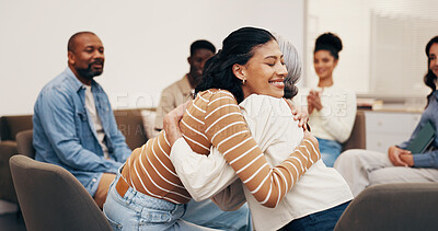Buy stock photo Counseling, group and women in clinic with hug, comforting and empathy in mental health center. Compassion, patient or psychologist with embrace, understanding or support in peer therapy session.