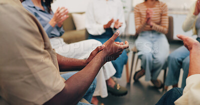 Buy stock photo Hands, applause and support group in meeting, counseling and celebration for mental health progress. Therapy, circle and people with trauma recovery, achievement and clapping for personal growth
