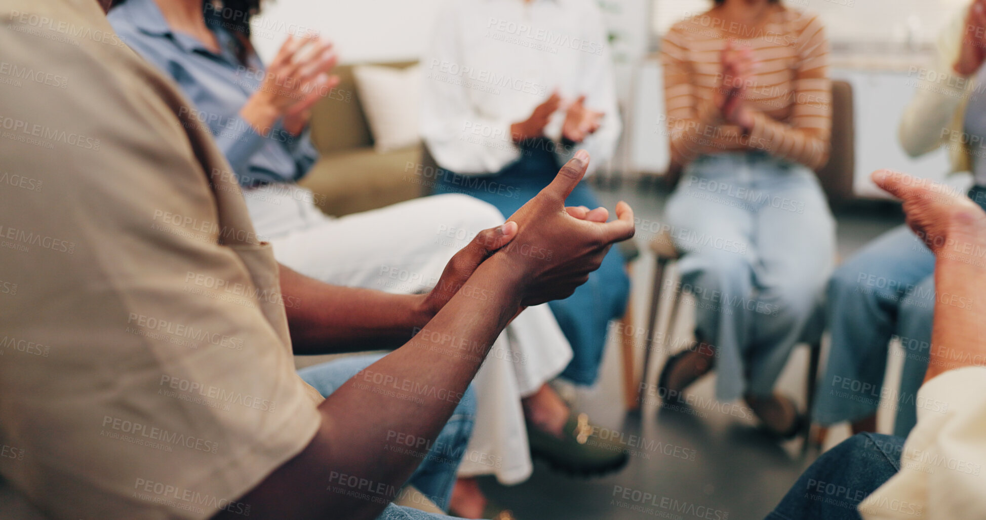 Buy stock photo Hands, applause and support group in meeting, counseling and celebration for mental health progress. Therapy, circle and people with trauma recovery, achievement and clapping for personal growth