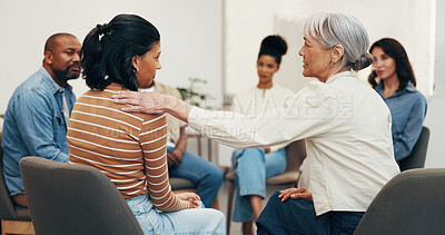 Buy stock photo Counseling, group and women with shoulder touch, comforting and empathy in mental health center. Compassion, sad person or psychologist with support, understanding or sympathy in peer therapy session
