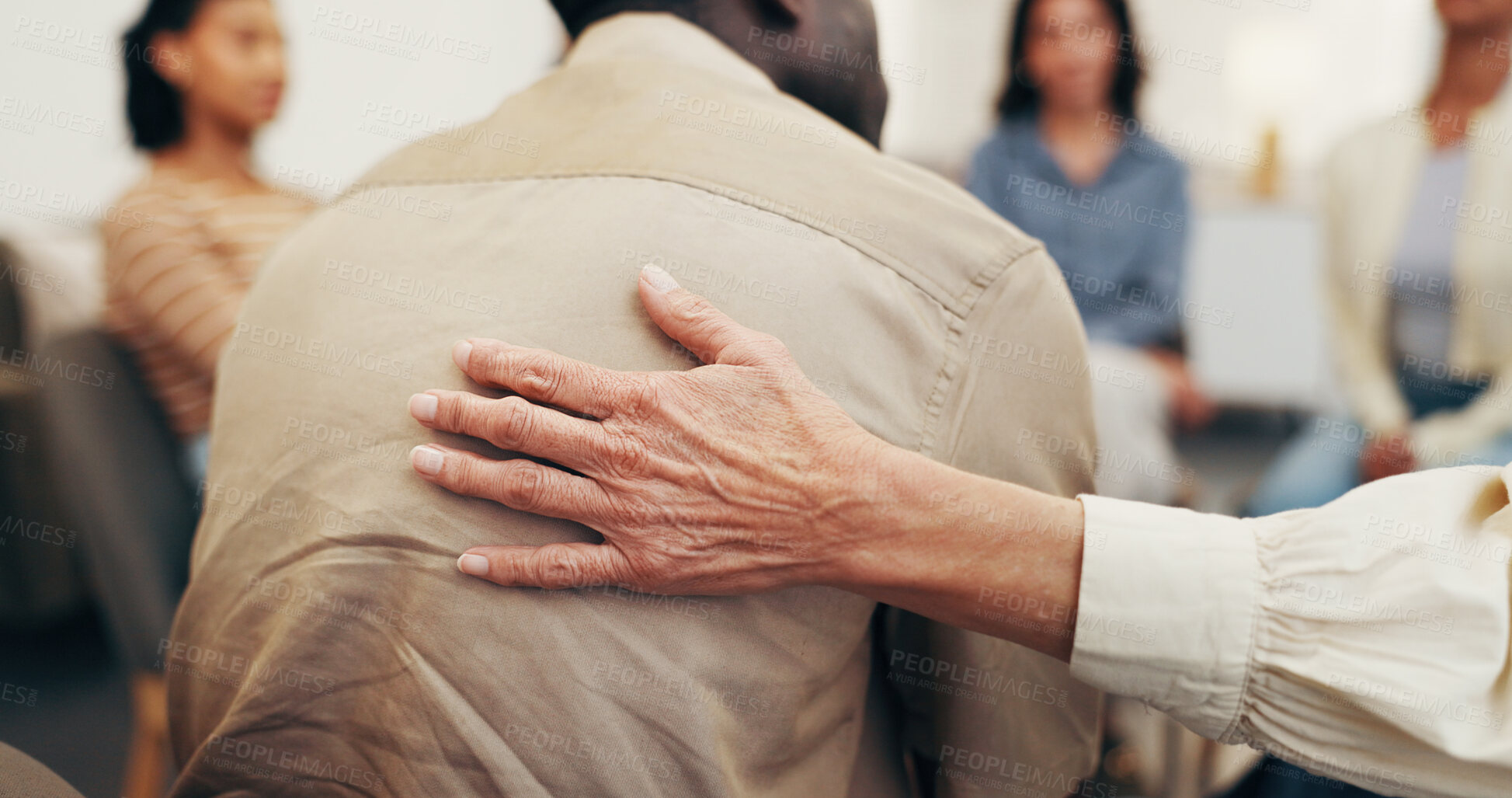 Buy stock photo Counseling, group and hands in clinic with support, compassion and empathy in mental health center. Back, people or psychologist with comforting, understanding or sympathy in peer therapy session.