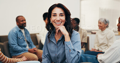 Buy stock photo Psychology, woman or happy in meeting for support group, self improvement or emotional wellbeing. Wellness center, mature member or portrait for counseling, healing progress or mutual aid in recovery